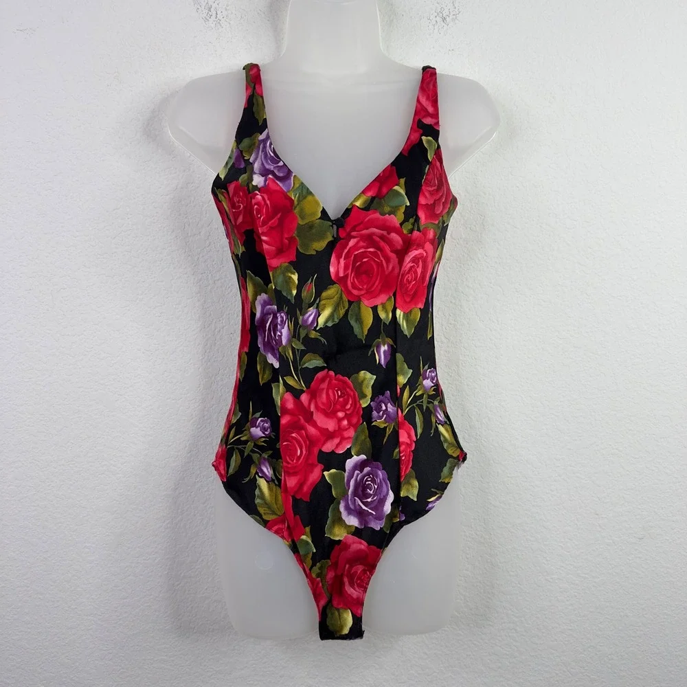 Victoria's Secret Bodysuit P Black Silk VTG Floral Rose Romantic Coquette Teddy